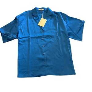 NEW PEPPERMAYO Palm Cove Cobalt Blue Satin Shirt US 2 Button Down Short Sleeve